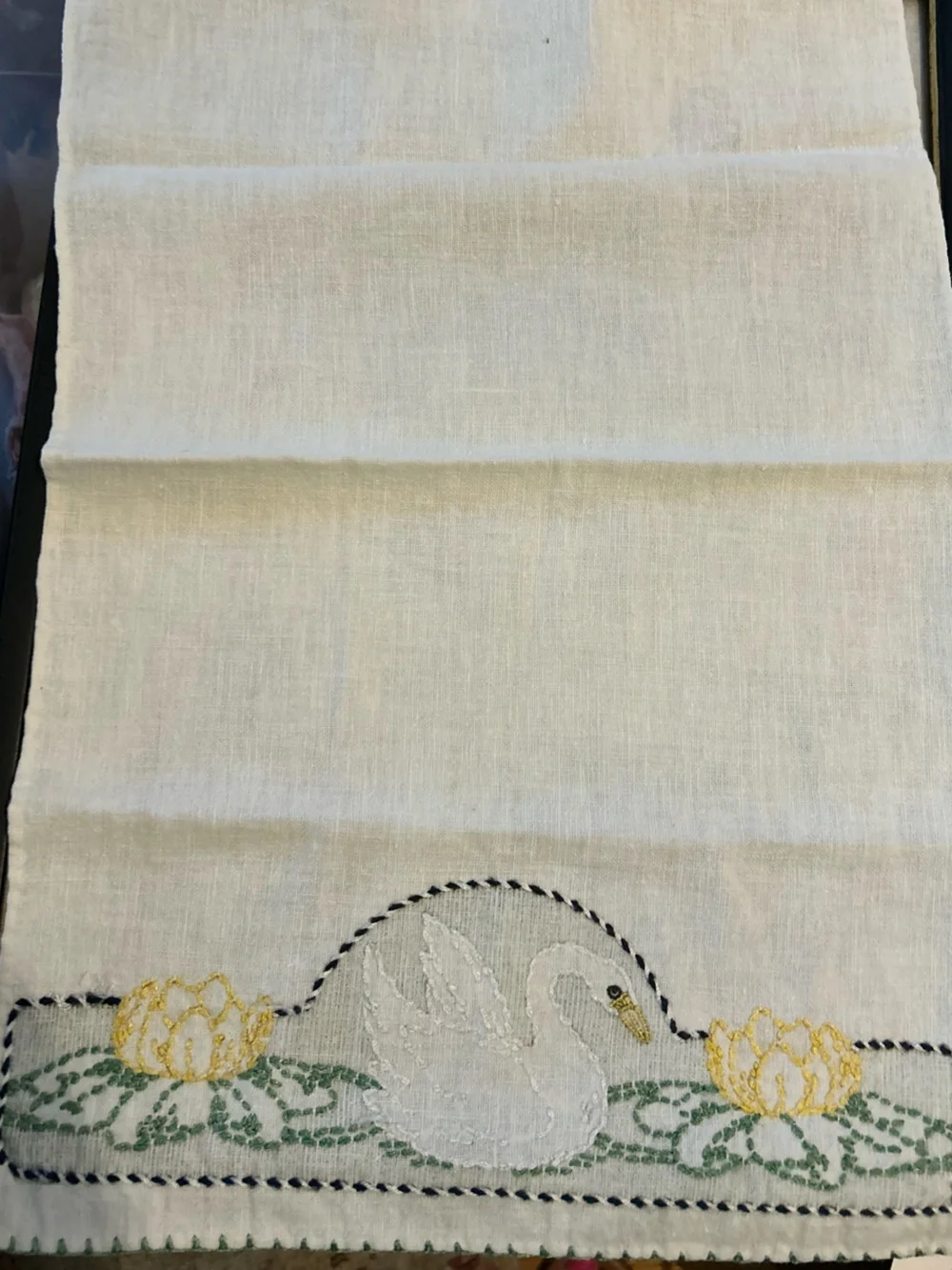 Vintage Embroidered Linen Tea Towel Swan Lotus Flowers